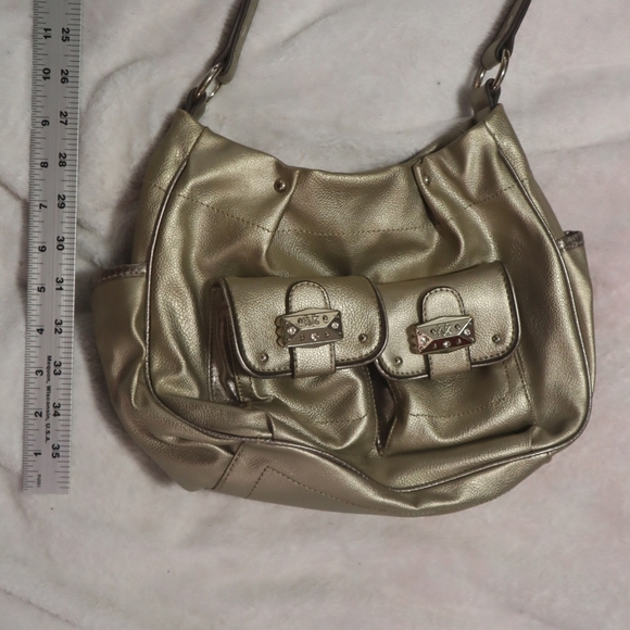 Y2K SATCHEL BAG Kathy New Zealand Light Gold Metallic Handbag 90s Pockets Winter - Picture 4 of 13